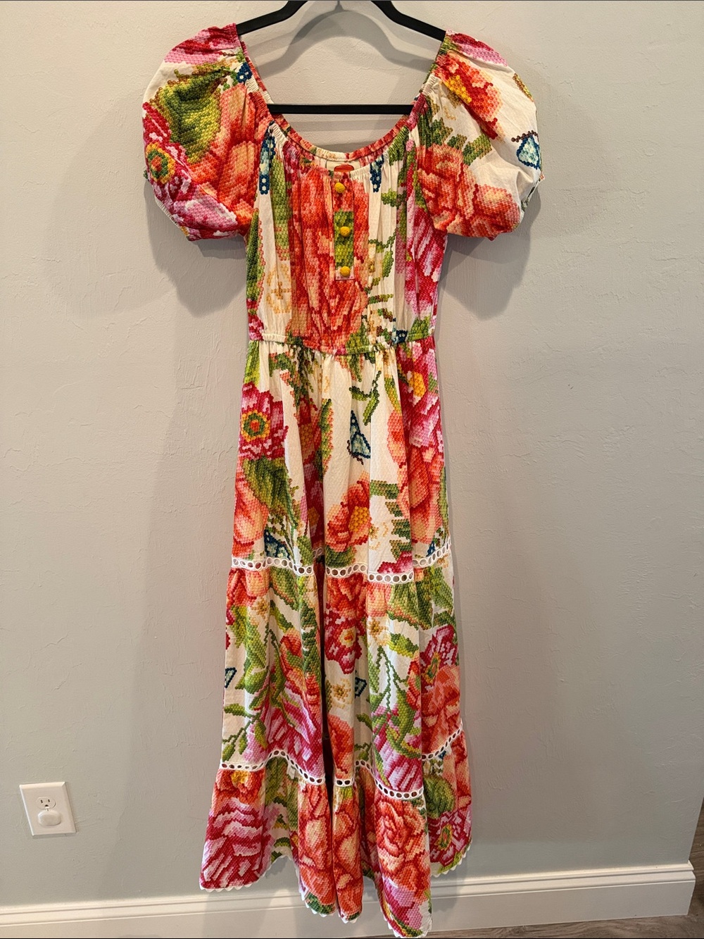 Farm Rio Macie Tiered Maxi Dress Tropical Vintage Flower Print XS NWOT
